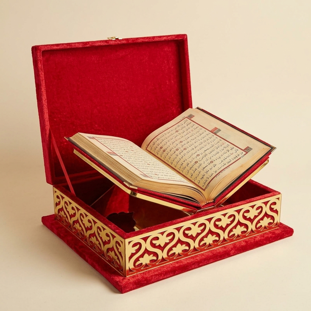 Coffret Boîte à Coran en Velours Rouge avec Pupitre de Lecture