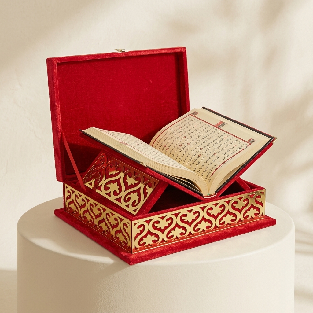 Coffret Boîte à Coran en Velours Rouge avec Pupitre de Lecture