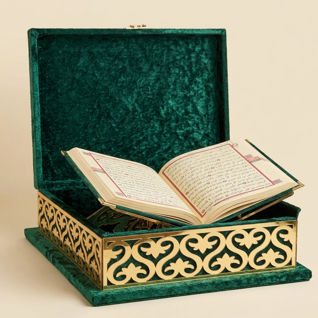 Coffret Boîte à Coran en Velours Vert et Finition Dorée avec Pupitre