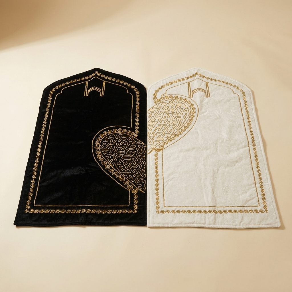 Ensemble de 2 Tapis de Prière pour Couple en Velours Brodé Doré