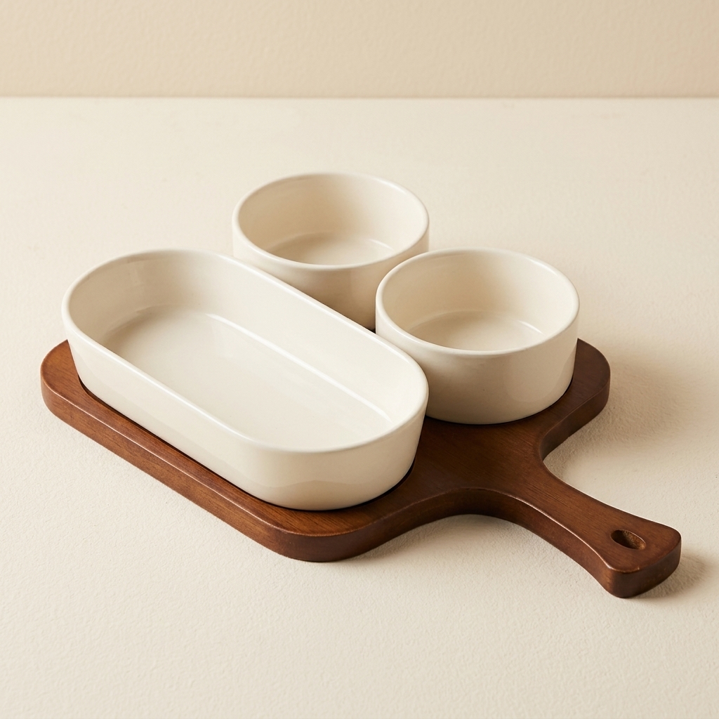 Bavary Sora - Plateau de Service Apéritif en Bois avec 3 Coupelles en Céramique