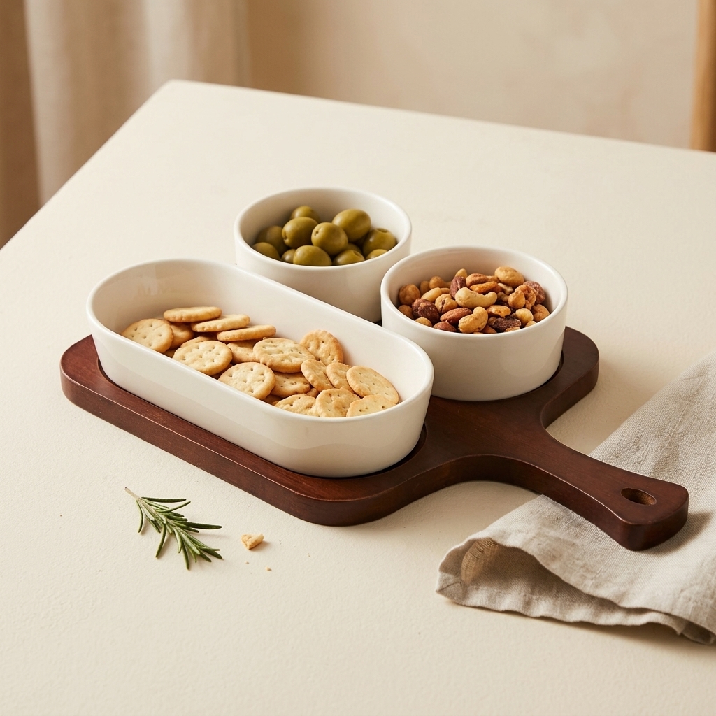 Bavary Sora - Plateau de Service Apéritif en Bois avec 3 Coupelles en Céramique