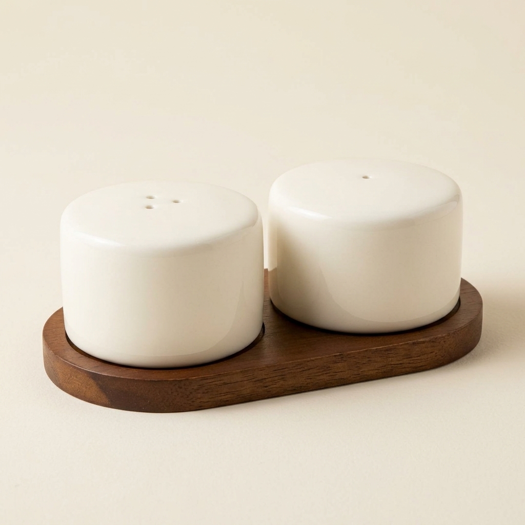 Ensemble Salière et Poivrière en Porcelaine avec Socle en Bois Bavary Sora