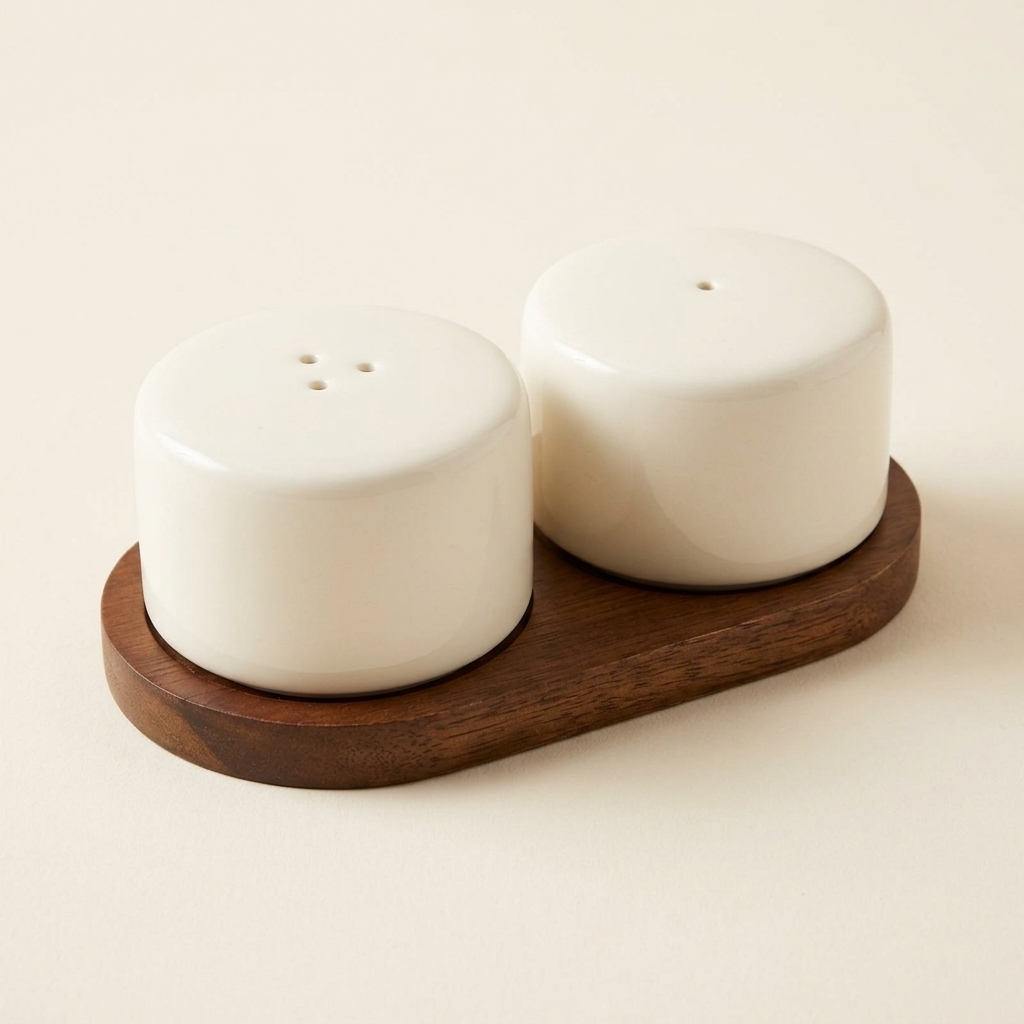 Ensemble Salière et Poivrière en Porcelaine avec Socle en Bois Bavary Sora
