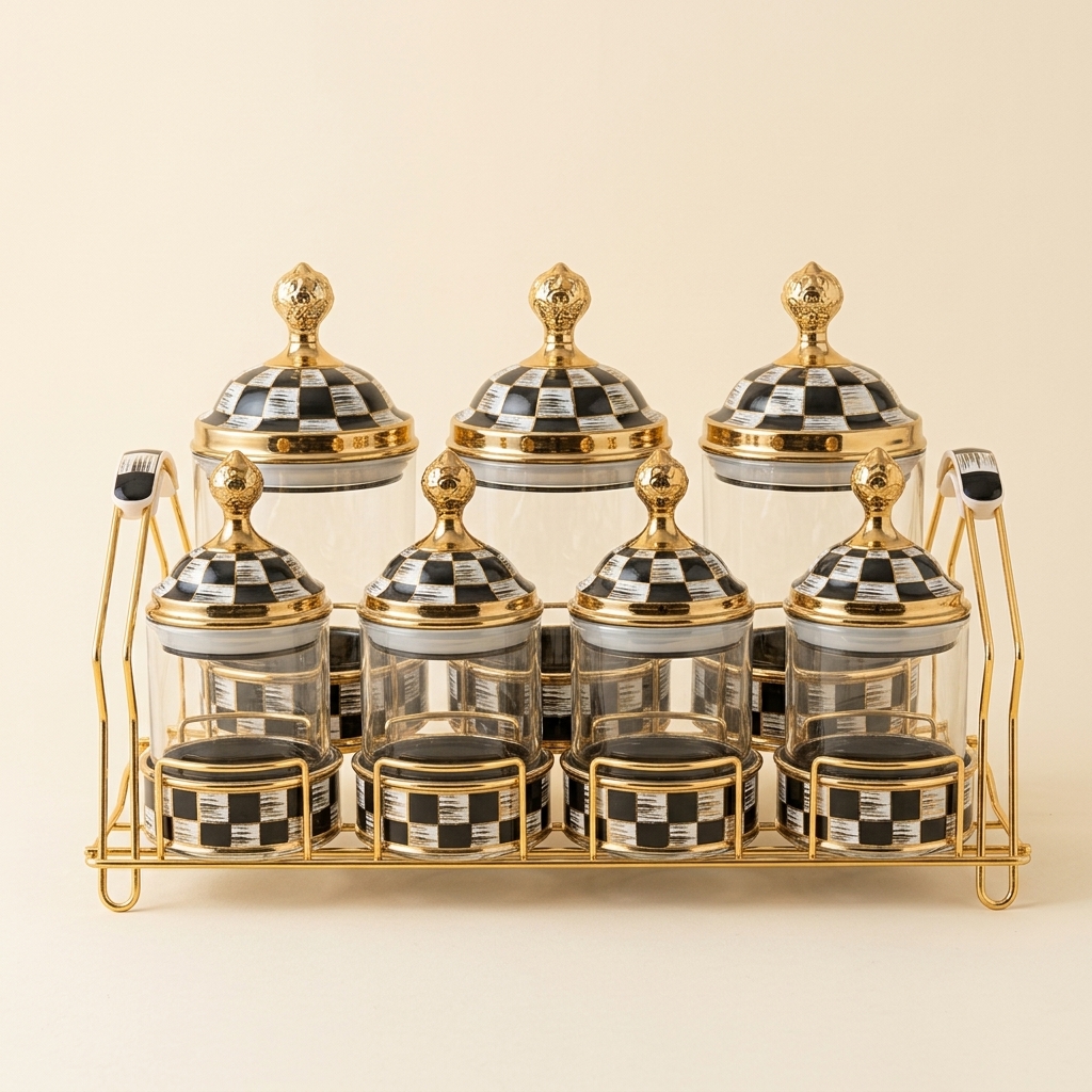 Ensemble de 7 pots à épices en verre avec support doré - Paçi Leo