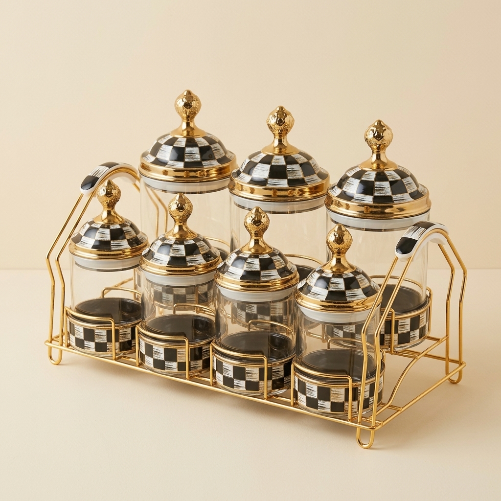 Ensemble de 7 pots à épices en verre avec support doré - Paçi Leo