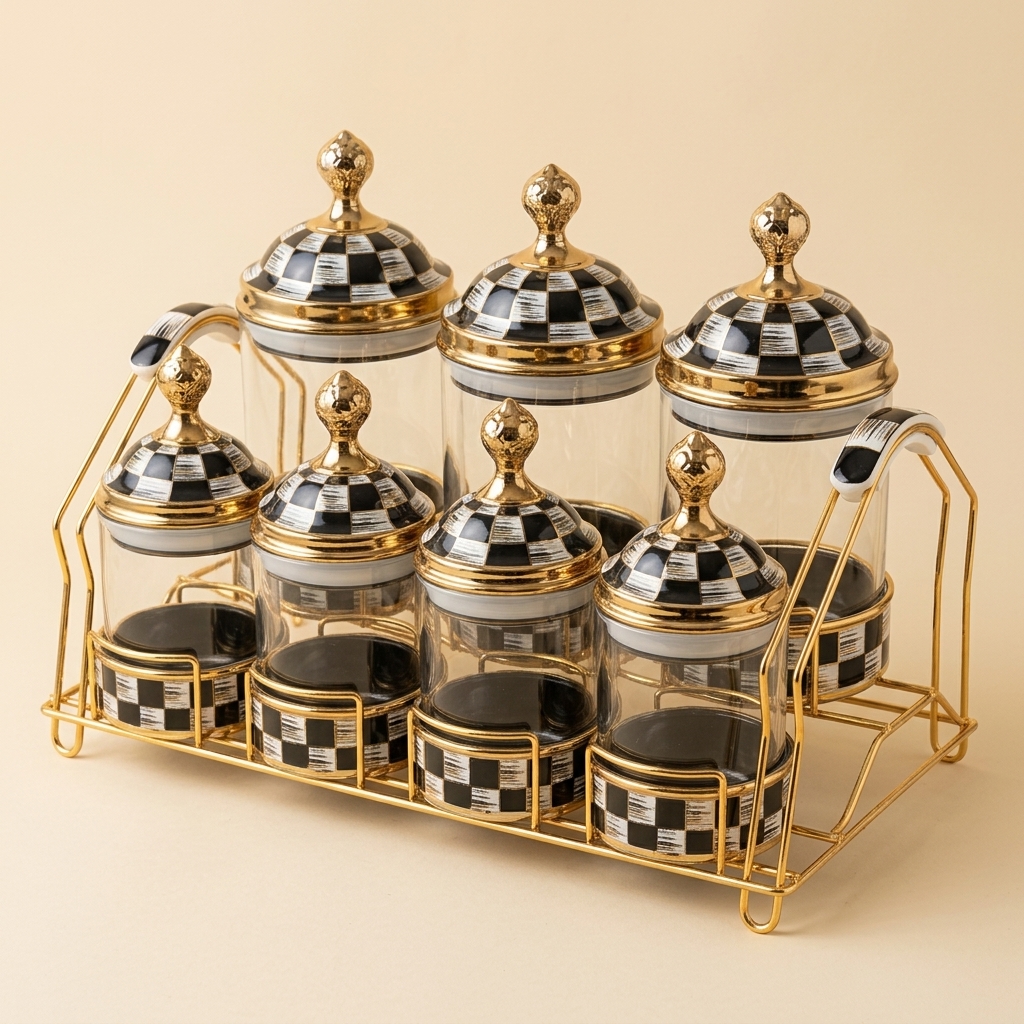Ensemble de 7 pots à épices en verre avec support doré - Paçi Leo