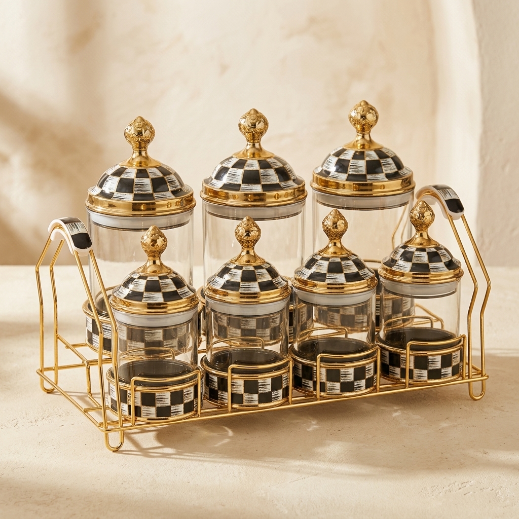 Ensemble de 7 pots à épices en verre avec support doré - Paçi Leo