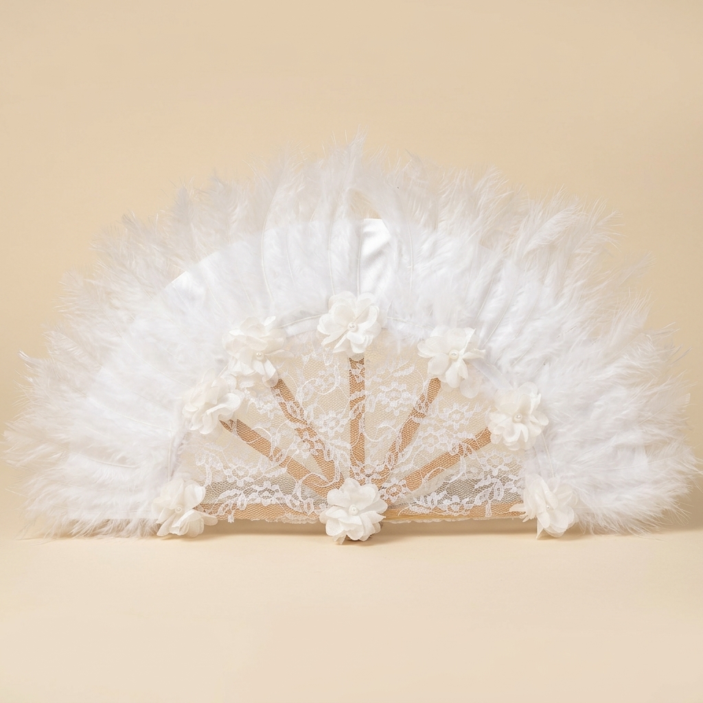 Éventail de Mariée en Dentelle et Plumes Blanches