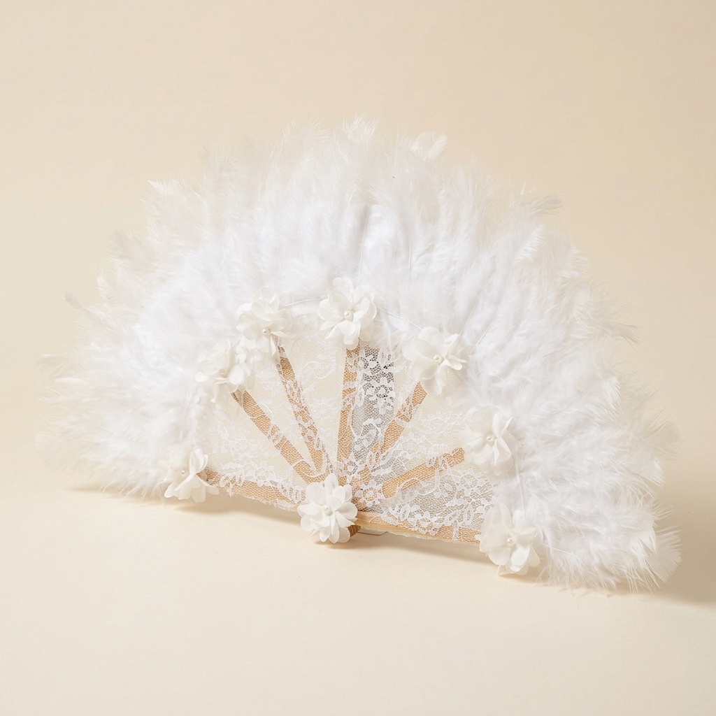 Éventail de Mariée en Dentelle et Plumes Blanches