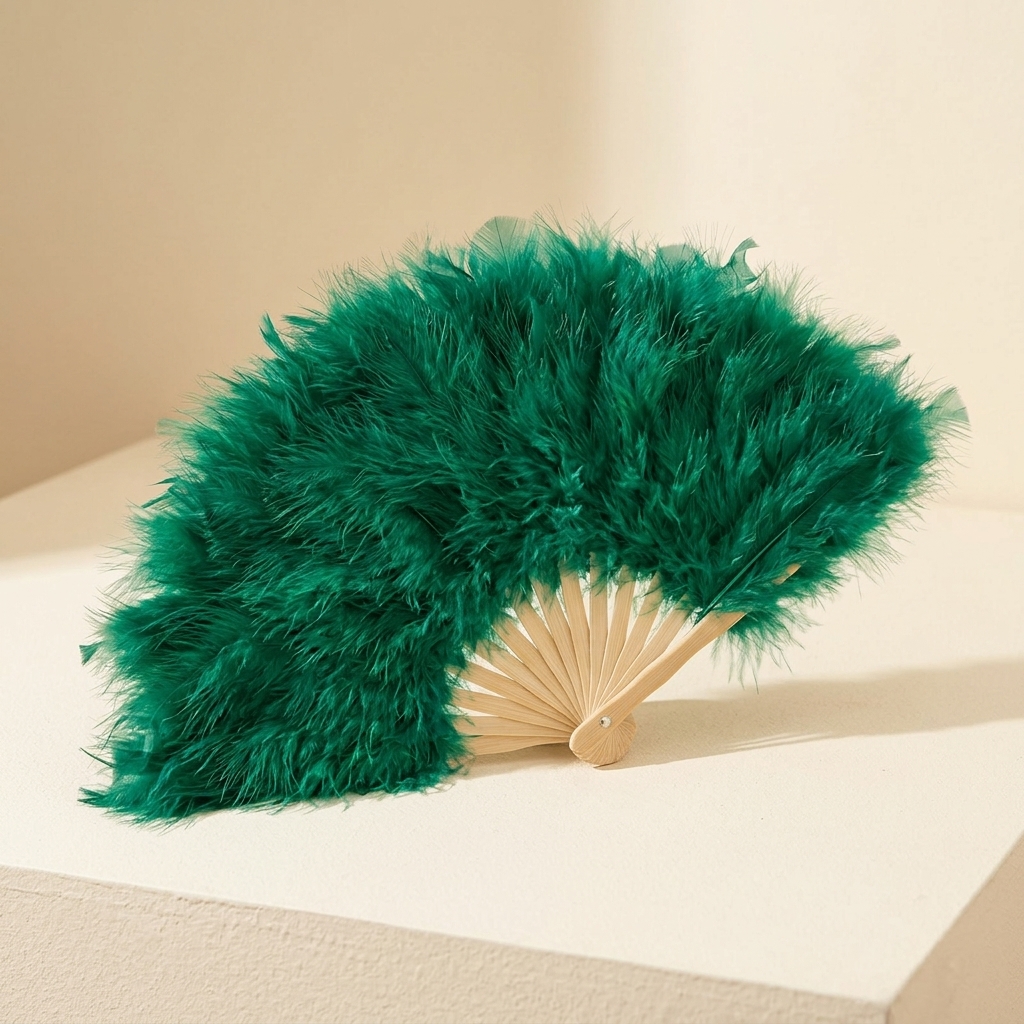 Éventail en Plumes Vert Émeraude - Accessoire de Soirée