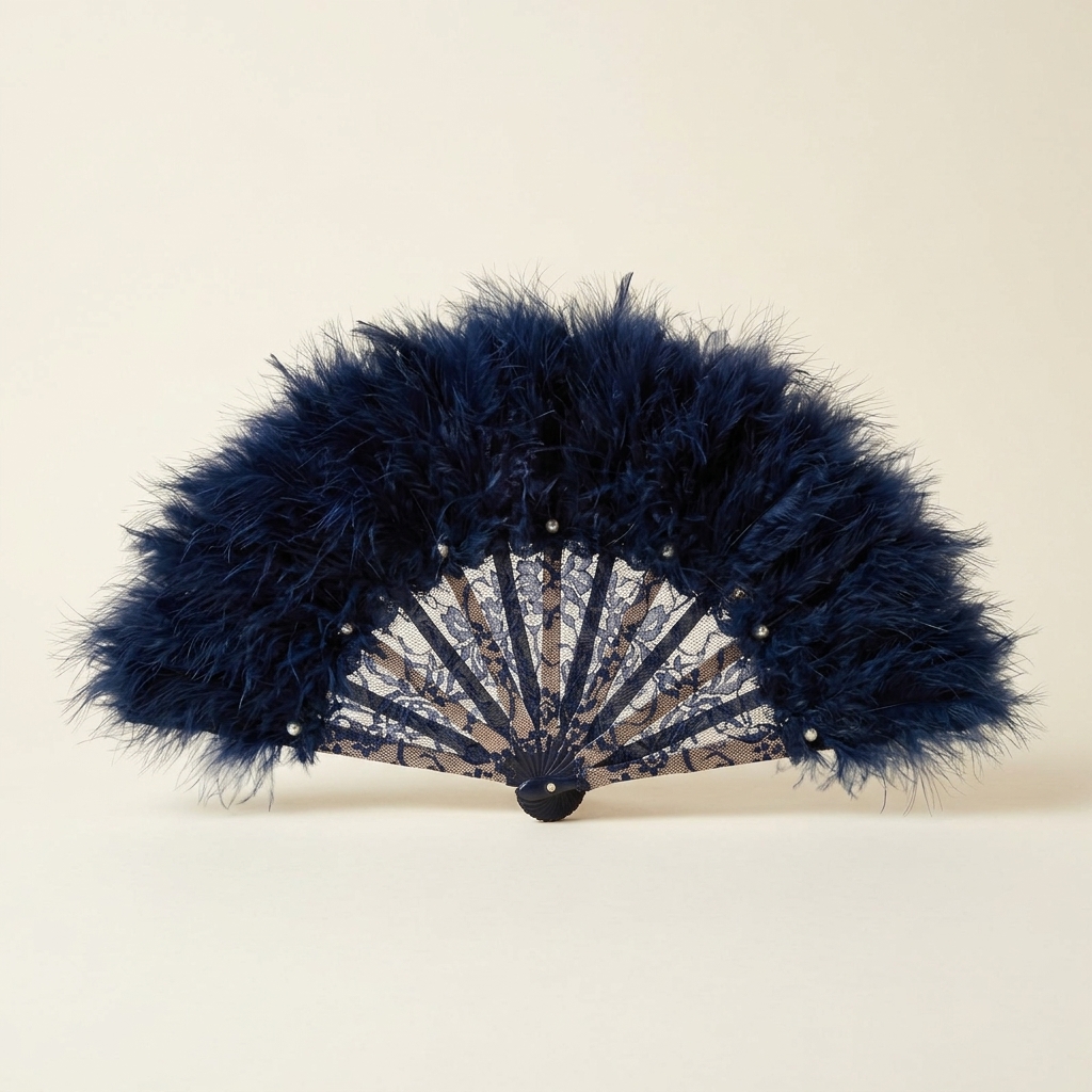Éventail de Soirée en Dentelle et Plumes Bleu Nuit