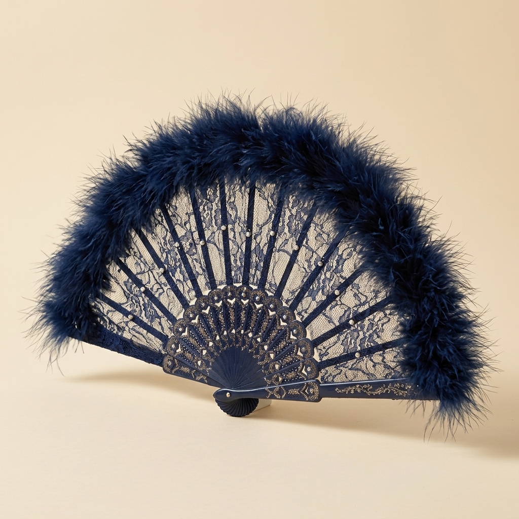Éventail de Soirée en Dentelle et Plumes Bleu Nuit