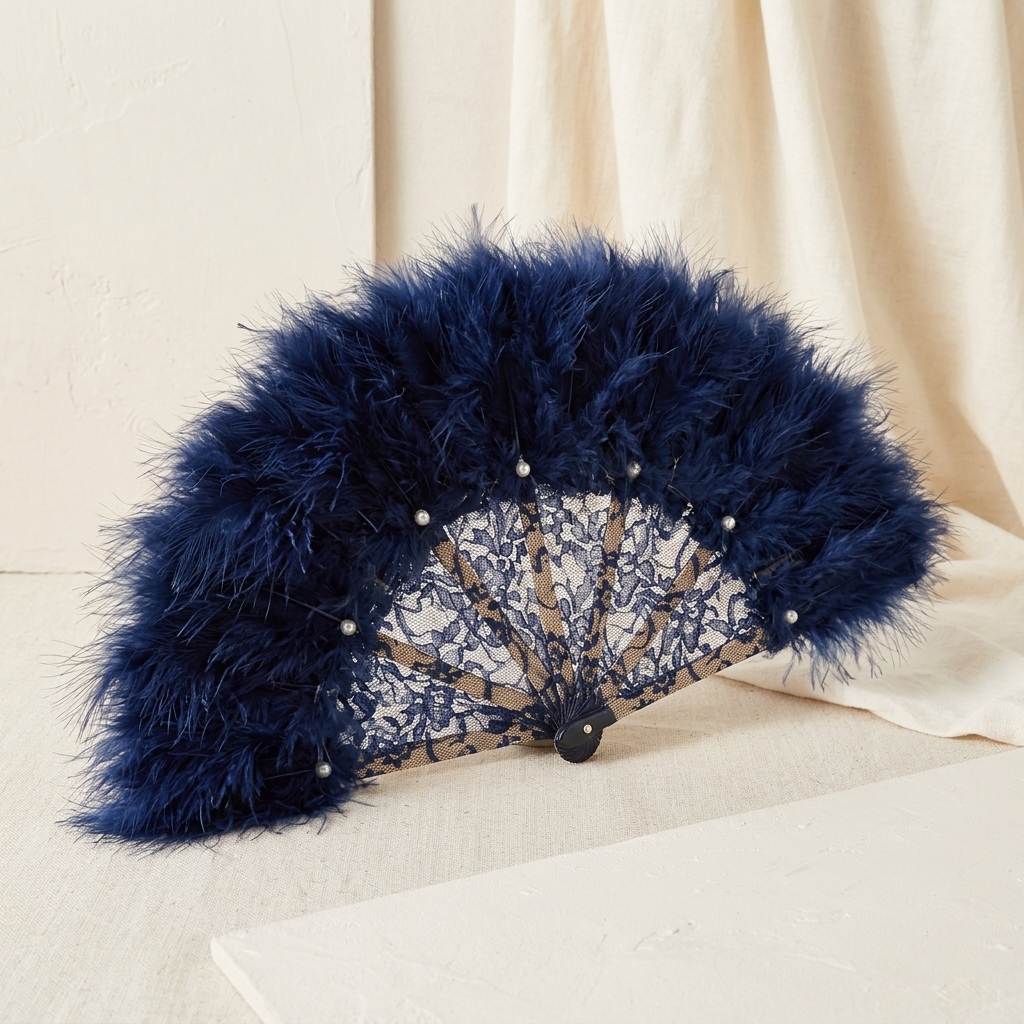 Éventail de Soirée en Dentelle et Plumes Bleu Nuit