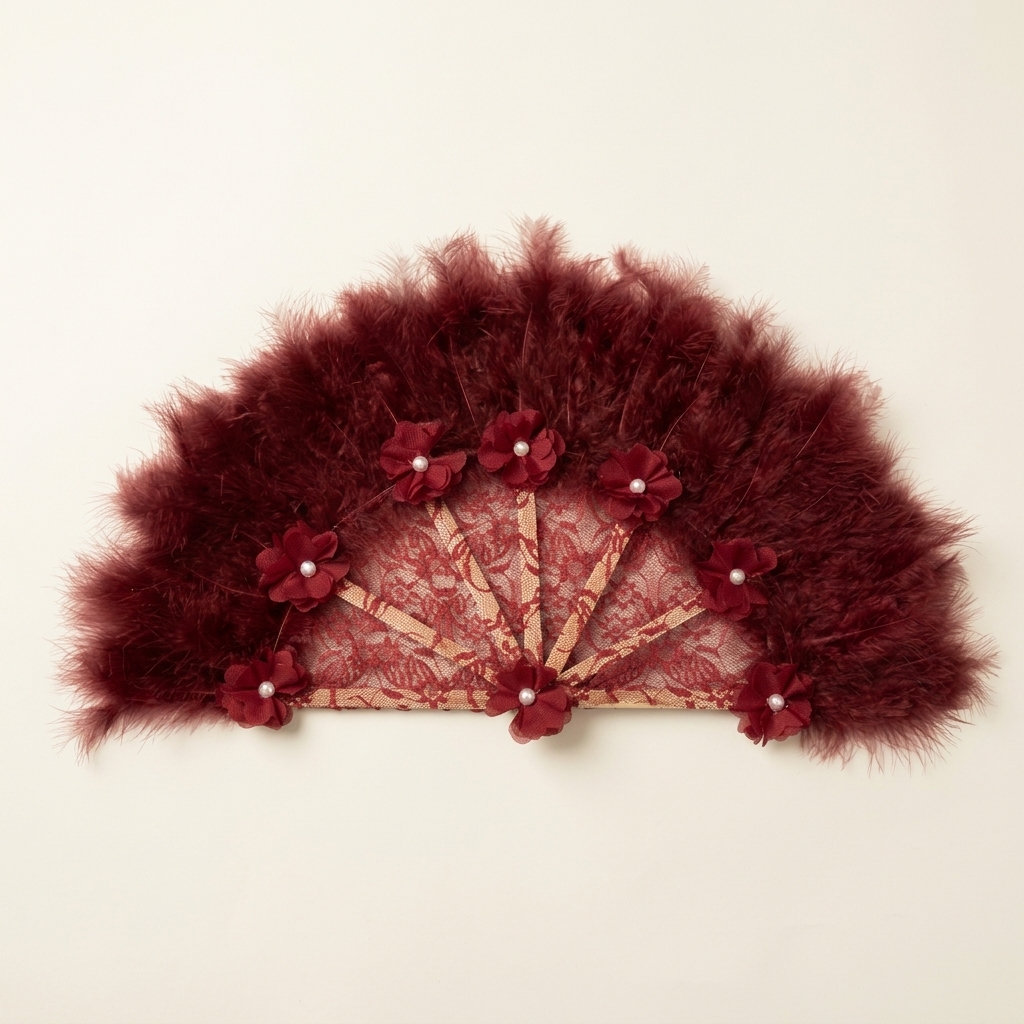 Éventail de Cérémonie en Dentelle et Plumes Bordeaux