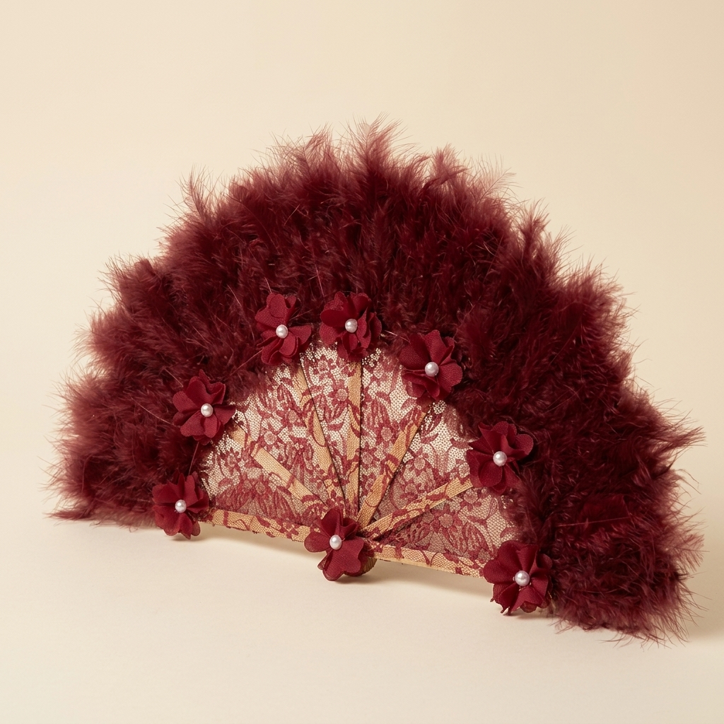 Éventail de Cérémonie en Dentelle et Plumes Bordeaux
