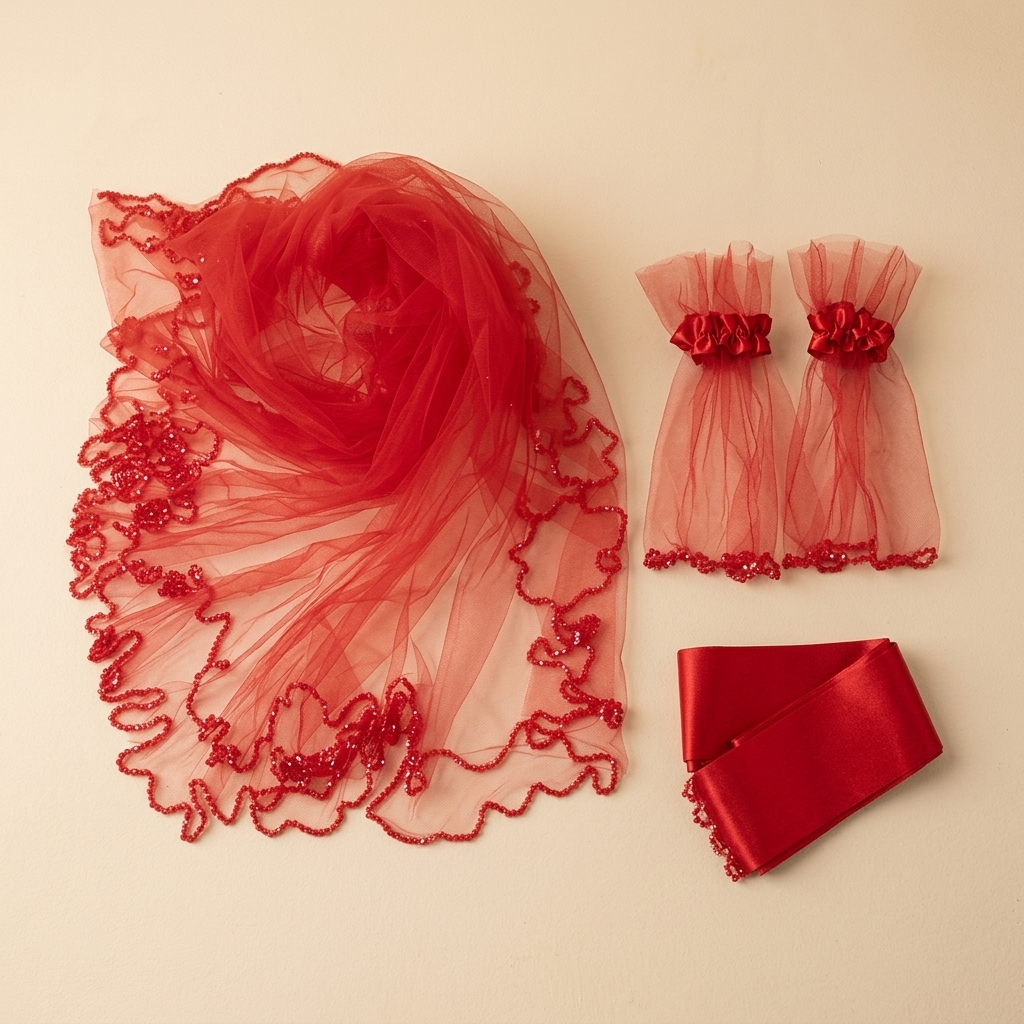 Ensemble Voile de Henné Rouge avec Gants et Ceinture Brodée