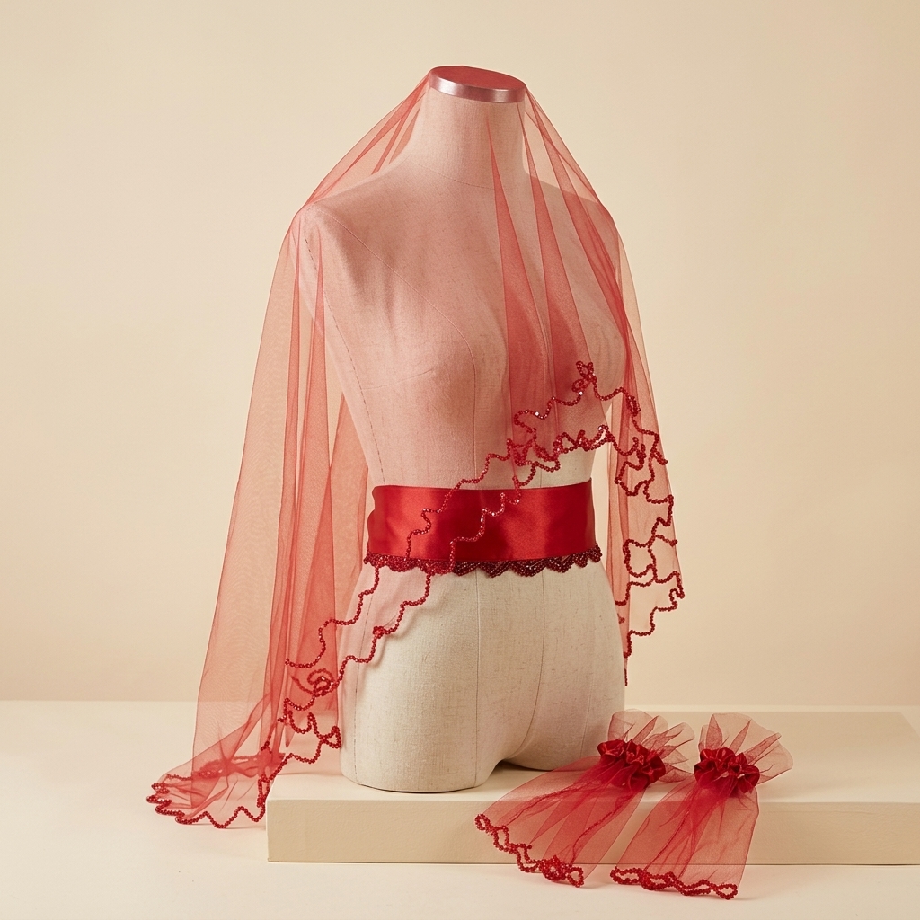 Ensemble Voile de Henné Rouge avec Gants et Ceinture Brodée