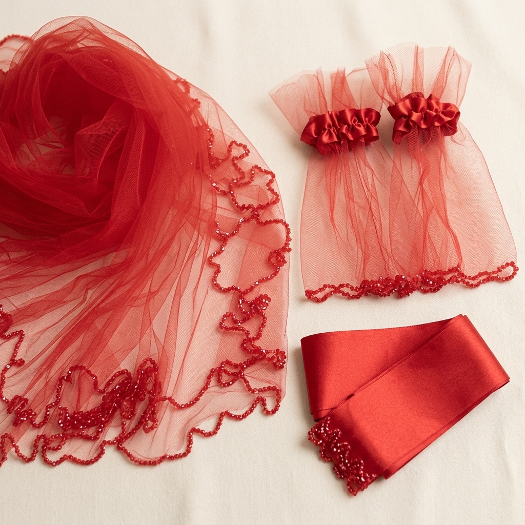 Ensemble Voile de Henné Rouge avec Gants et Ceinture Brodée