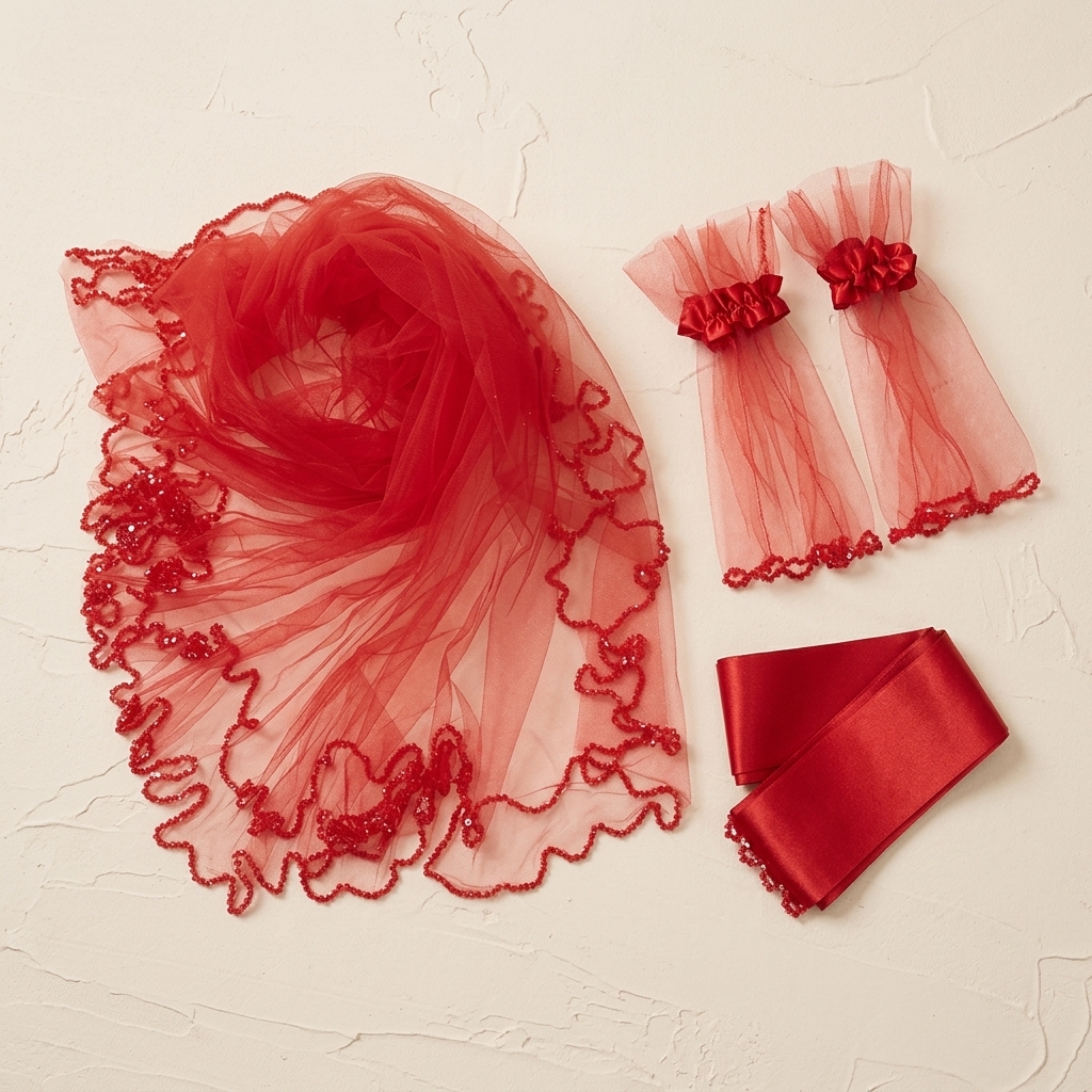 Ensemble Voile de Henné Rouge avec Gants et Ceinture Brodée