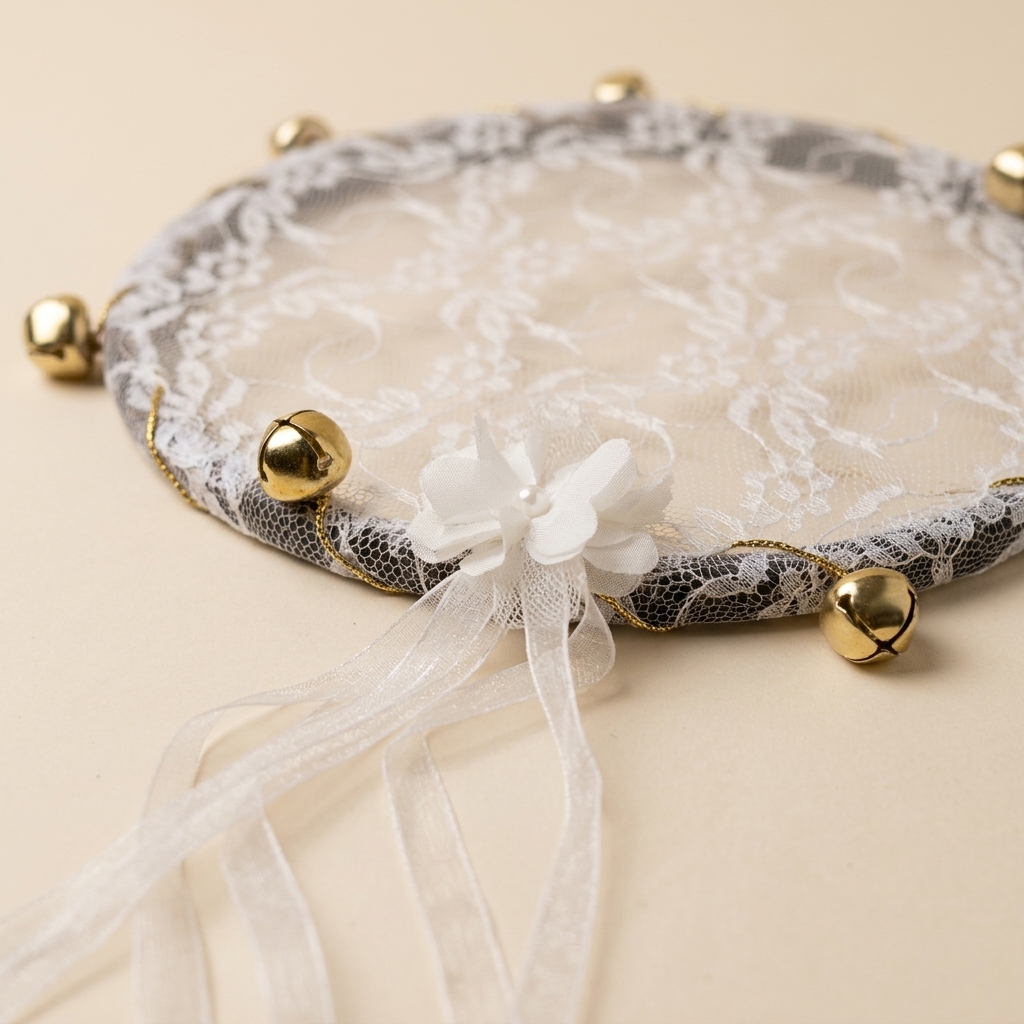 Tambourin de Mariée Décoratif en Dentelle Blanche et Grelots Dorés
