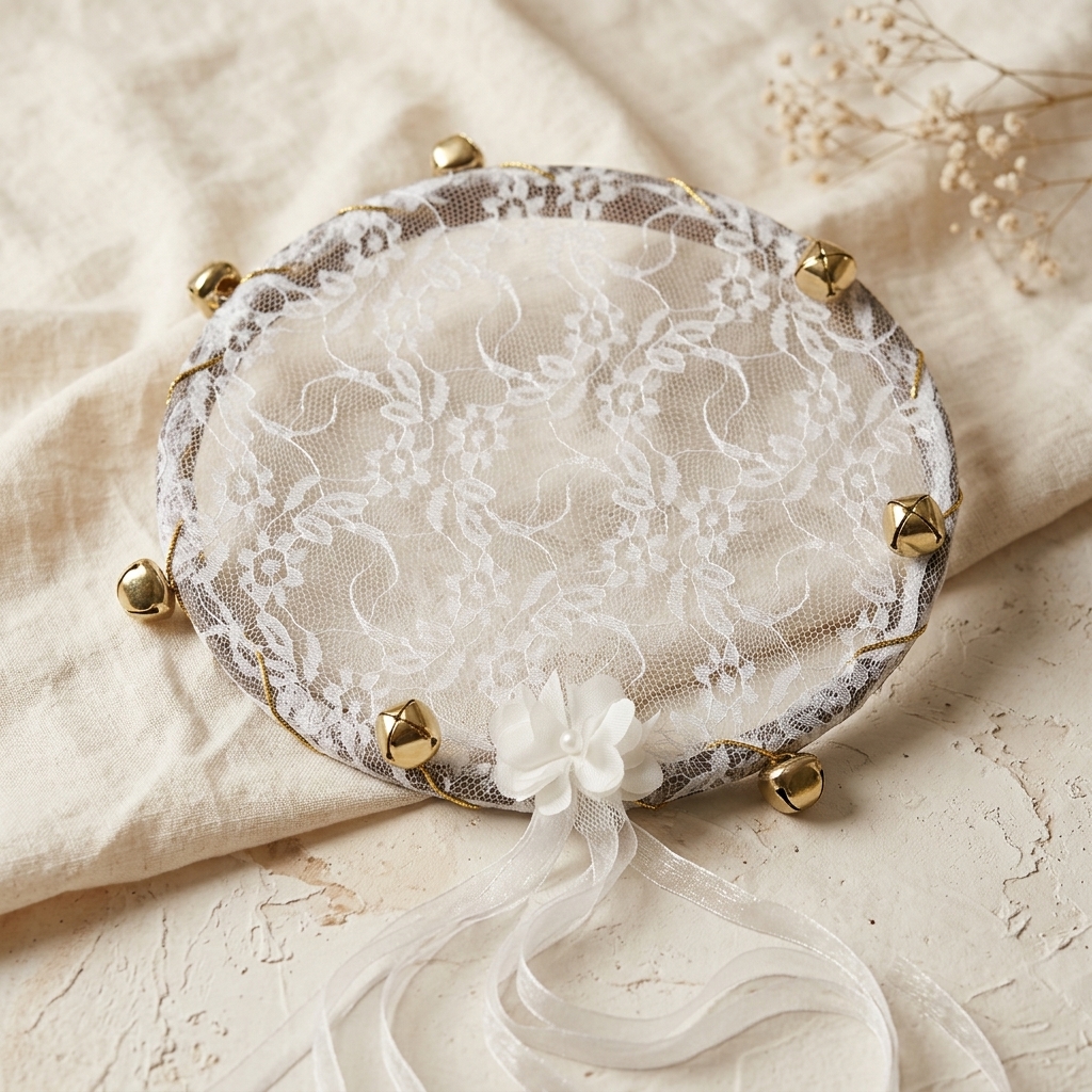 Tambourin de Mariée Décoratif en Dentelle Blanche et Grelots Dorés
