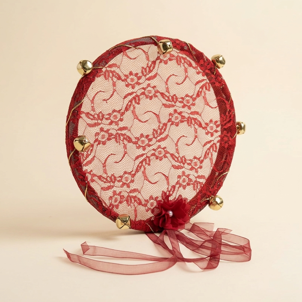 Tambourin de Henné en Dentelle Rouge avec Grelots Dorés Bordeaux