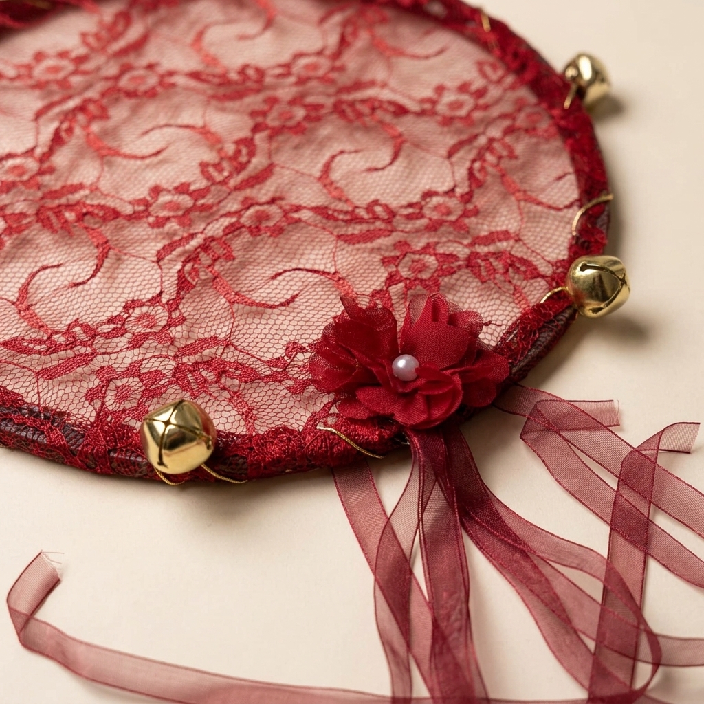 Tambourin de Henné en Dentelle Rouge avec Grelots Dorés Bordeaux