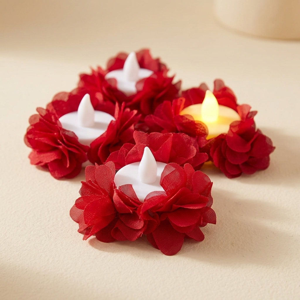 Lot de 12 bougies chauffe-plat LED décorées de pétales rouges