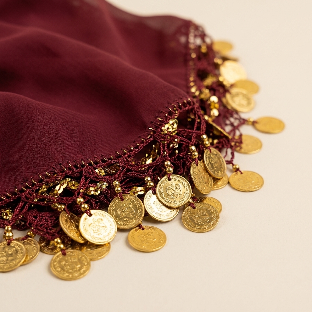 Foulard traditionnel bordeaux à paillettes et pièces dorées - lot de 10