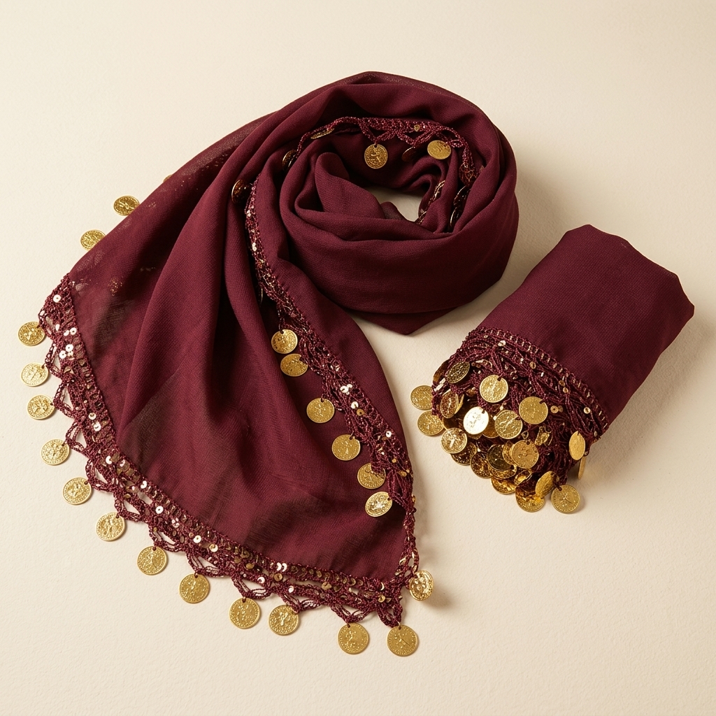 Foulard traditionnel bordeaux à paillettes et pièces dorées - lot de 10