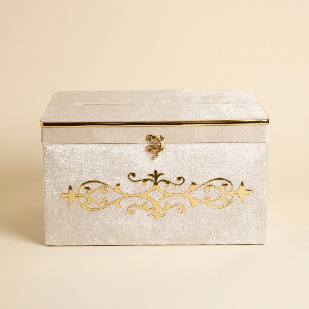 Coffre de Mariage en Velours Crème - Boîte à Enveloppes 35x25x20 cm