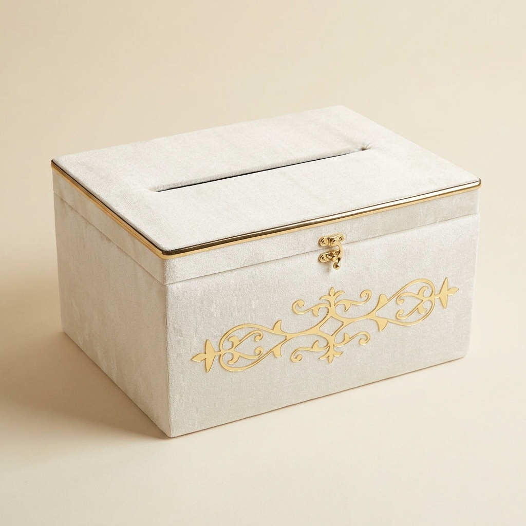 Coffre de Mariage en Velours Crème - Boîte à Enveloppes 35x25x20 cm