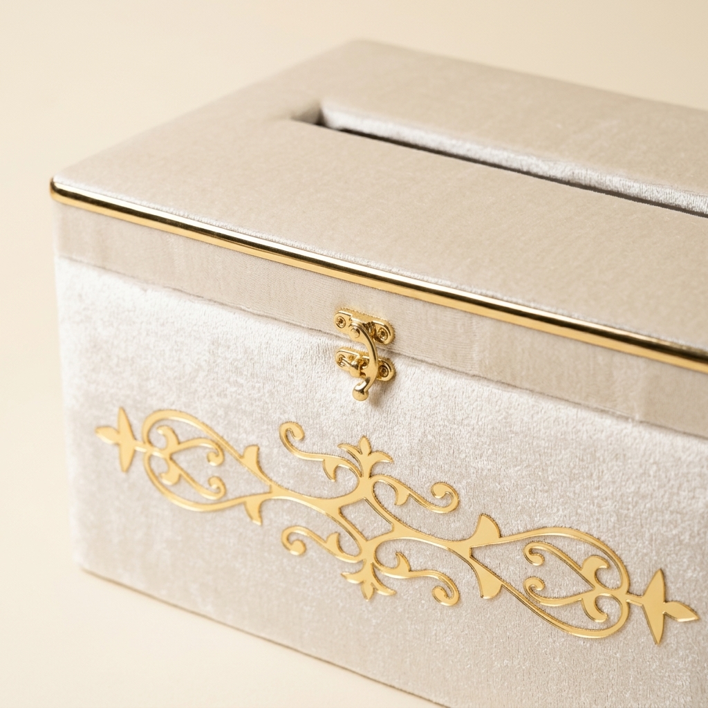 Coffre de Mariage en Velours Crème - Boîte à Enveloppes 35x25x20 cm