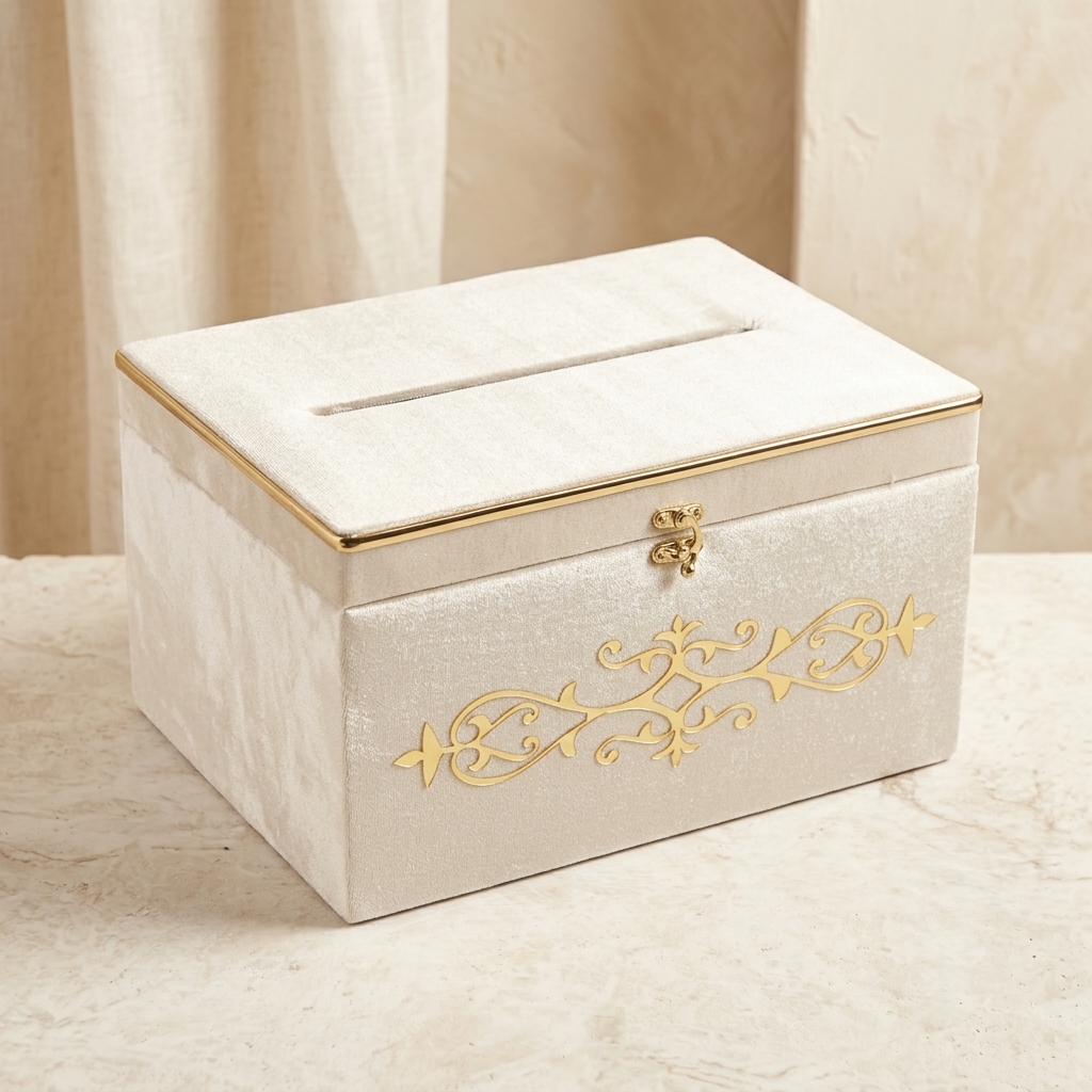 Coffre de Mariage en Velours Crème - Boîte à Enveloppes 35x25x20 cm