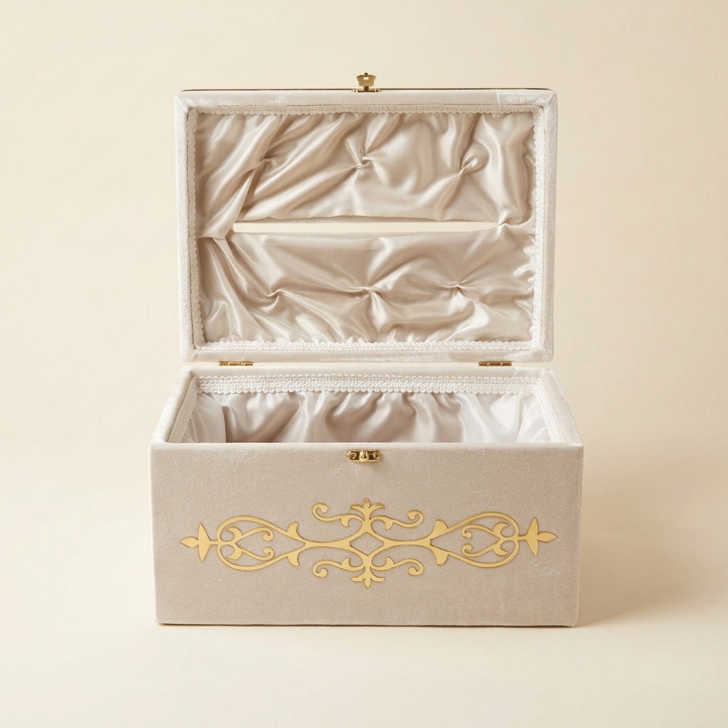 Coffre de Mariage en Velours Crème - Boîte à Enveloppes 35x25x20 cm