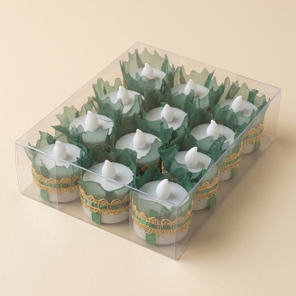 Lot de 12 Bougies Doigt LED pour Soirée Henné - Vert et Doré