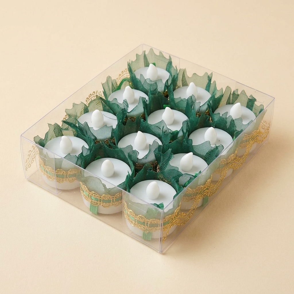 Lot de 12 Bougies Doigt LED pour Soirée Henné - Vert et Doré