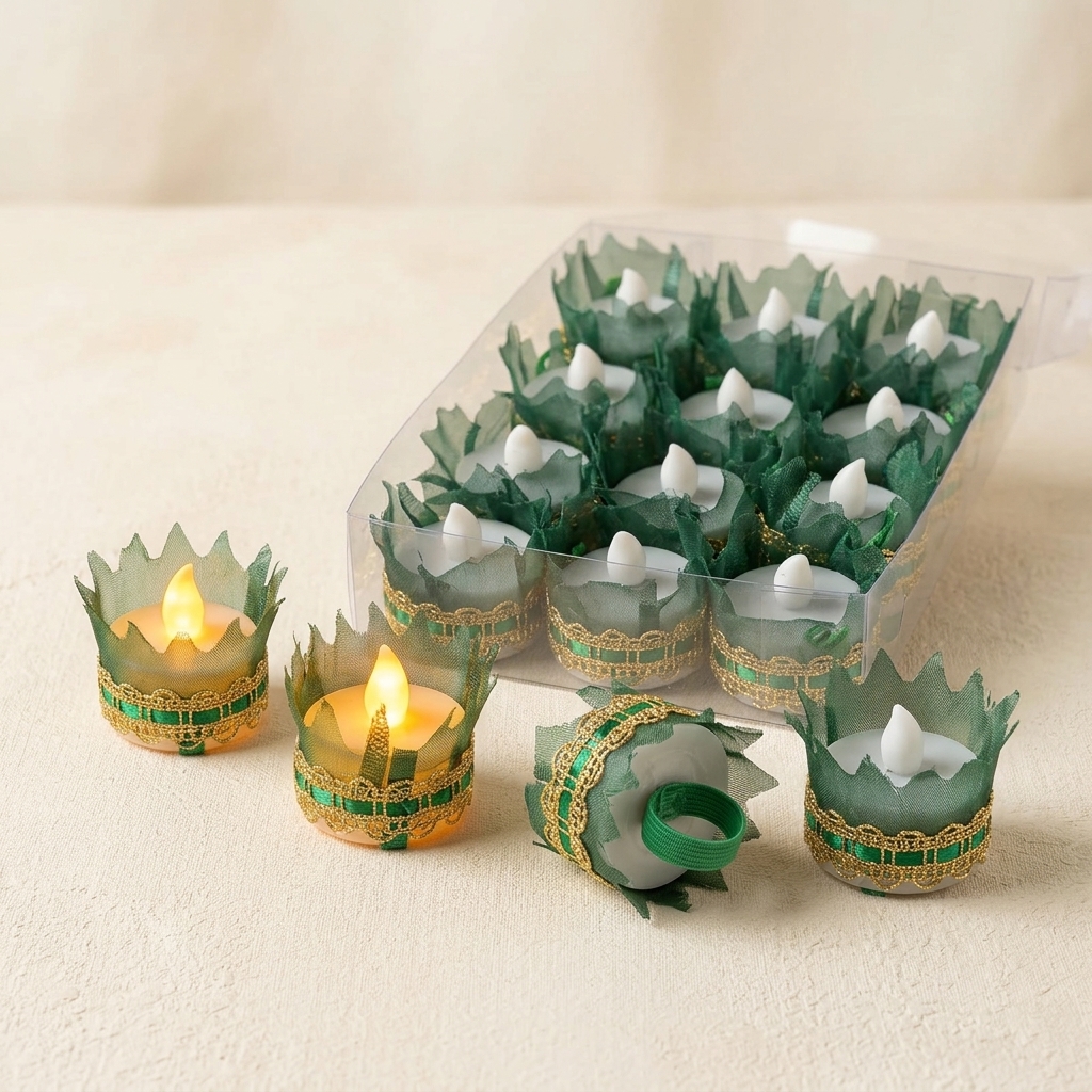 Lot de 12 Bougies Doigt LED pour Soirée Henné - Vert et Doré