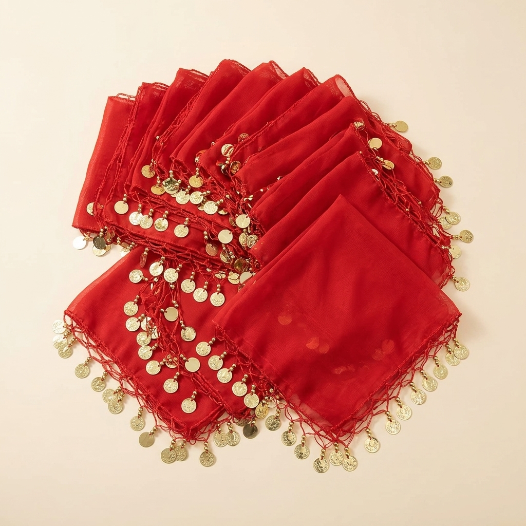 Lot de 10 Mouchoirs de Danse Traditionnelle Rouges à Pièces Dorées