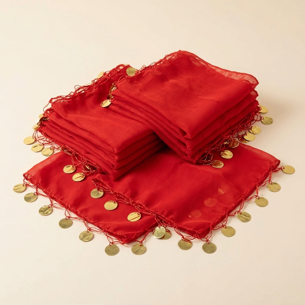 Lot de 10 Mouchoirs de Danse Traditionnelle Rouges à Pièces Dorées