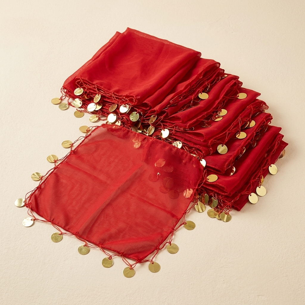 Lot de 10 Mouchoirs de Danse Traditionnelle Rouges à Pièces Dorées