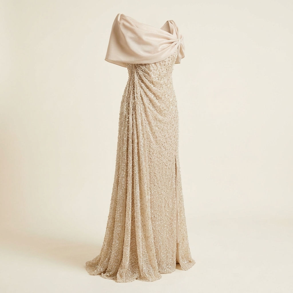 Robe de Soirée Longue Champagne Brodée de Perles avec Étole Drapée