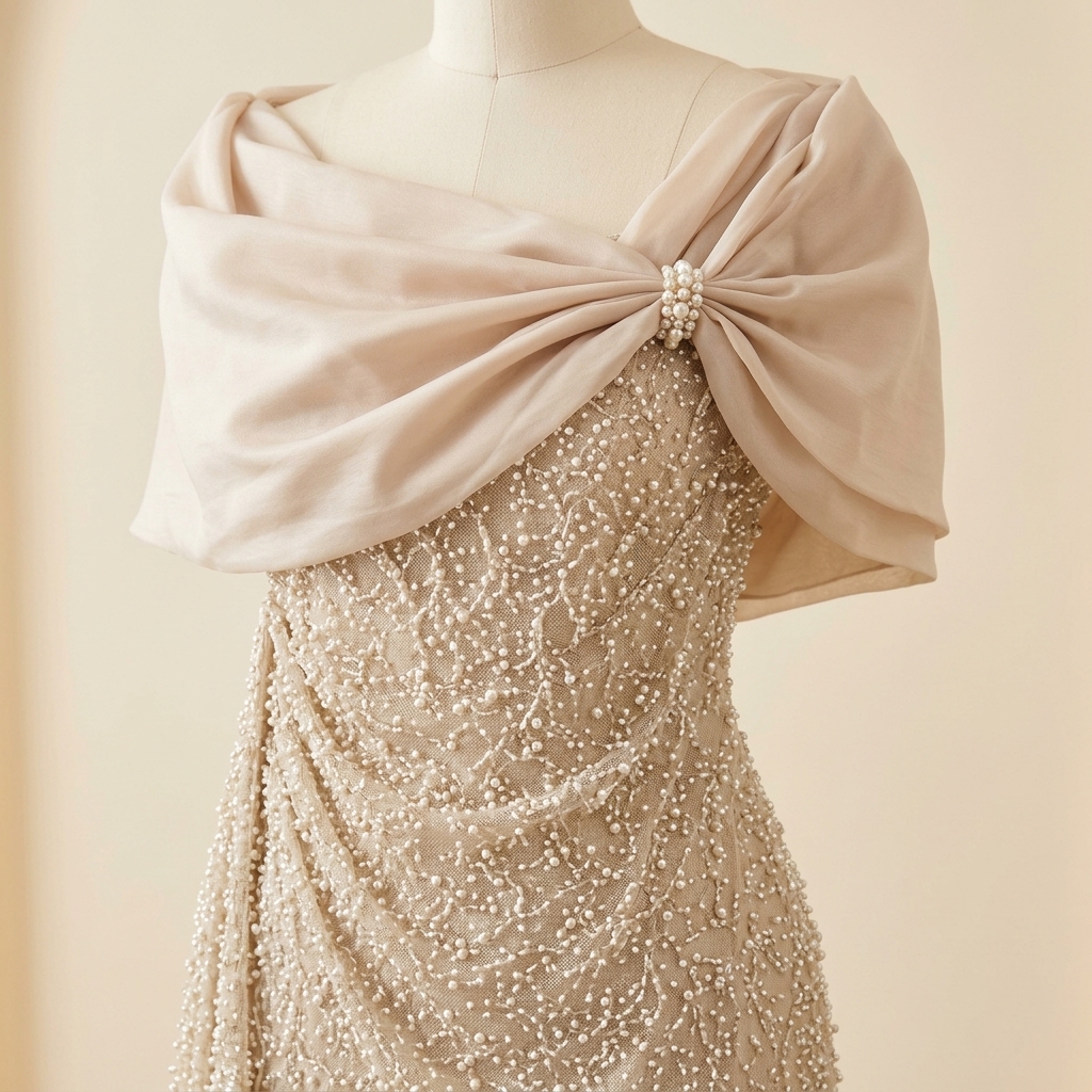 Robe de Soirée Longue Champagne Brodée de Perles avec Étole Drapée
