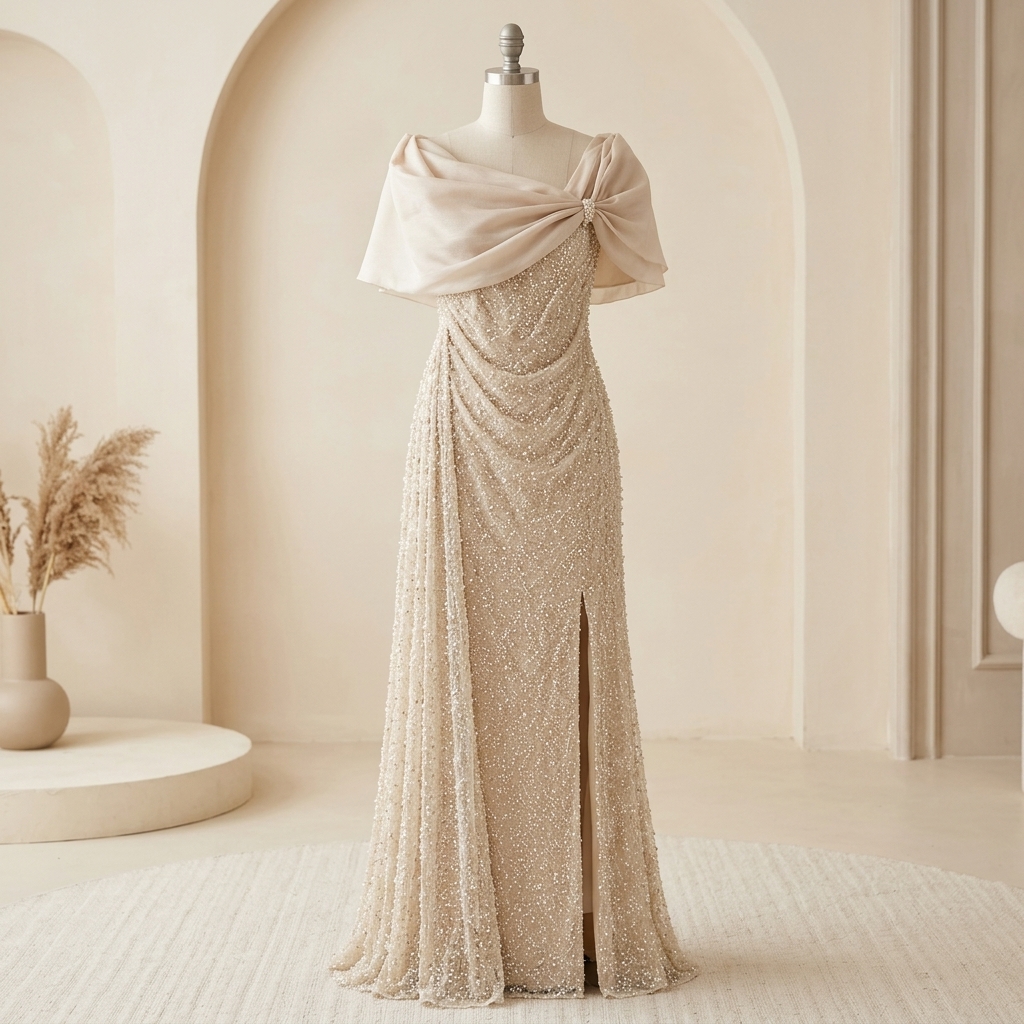 Robe de Soirée Longue Champagne Brodée de Perles avec Étole Drapée