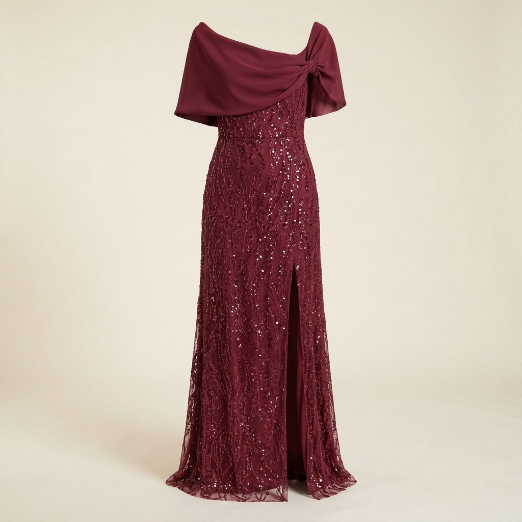 Robe de soirée longue bordeaux à sequins avec cape drapée