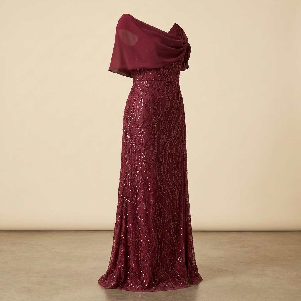Robe de soirée longue bordeaux à sequins avec cape drapée