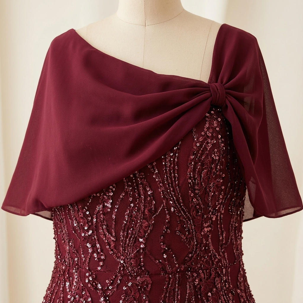 Robe de soirée longue bordeaux à sequins avec cape drapée