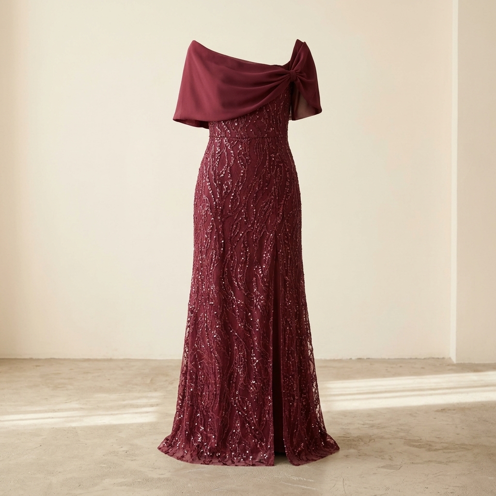 Robe de soirée longue bordeaux à sequins avec cape drapée
