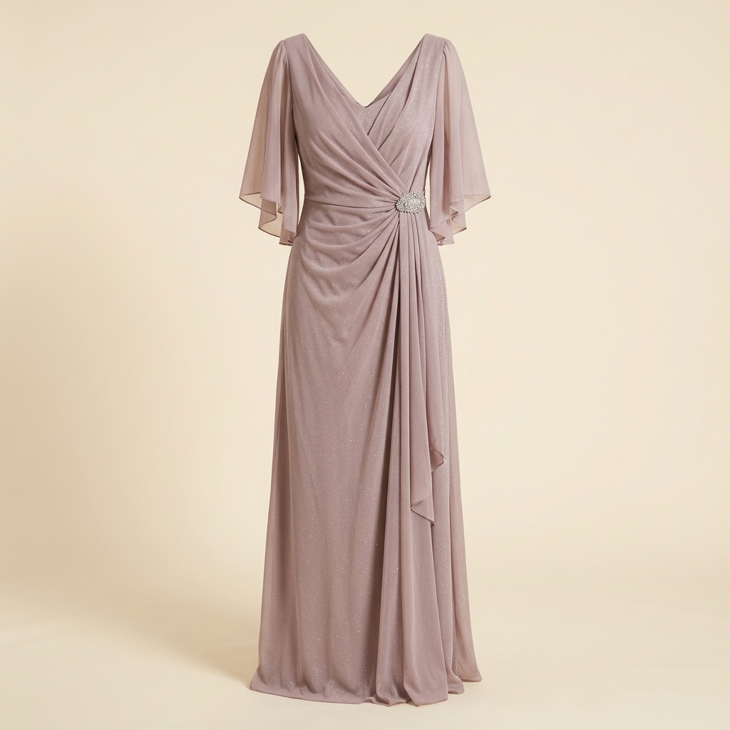 Robe de Soirée Longue Drapée avec Manches Évasées - Vieux Rose